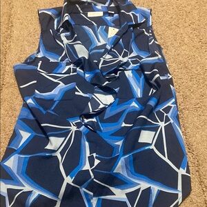 New York & Company Asymmetrical Graphic Blue Blouse